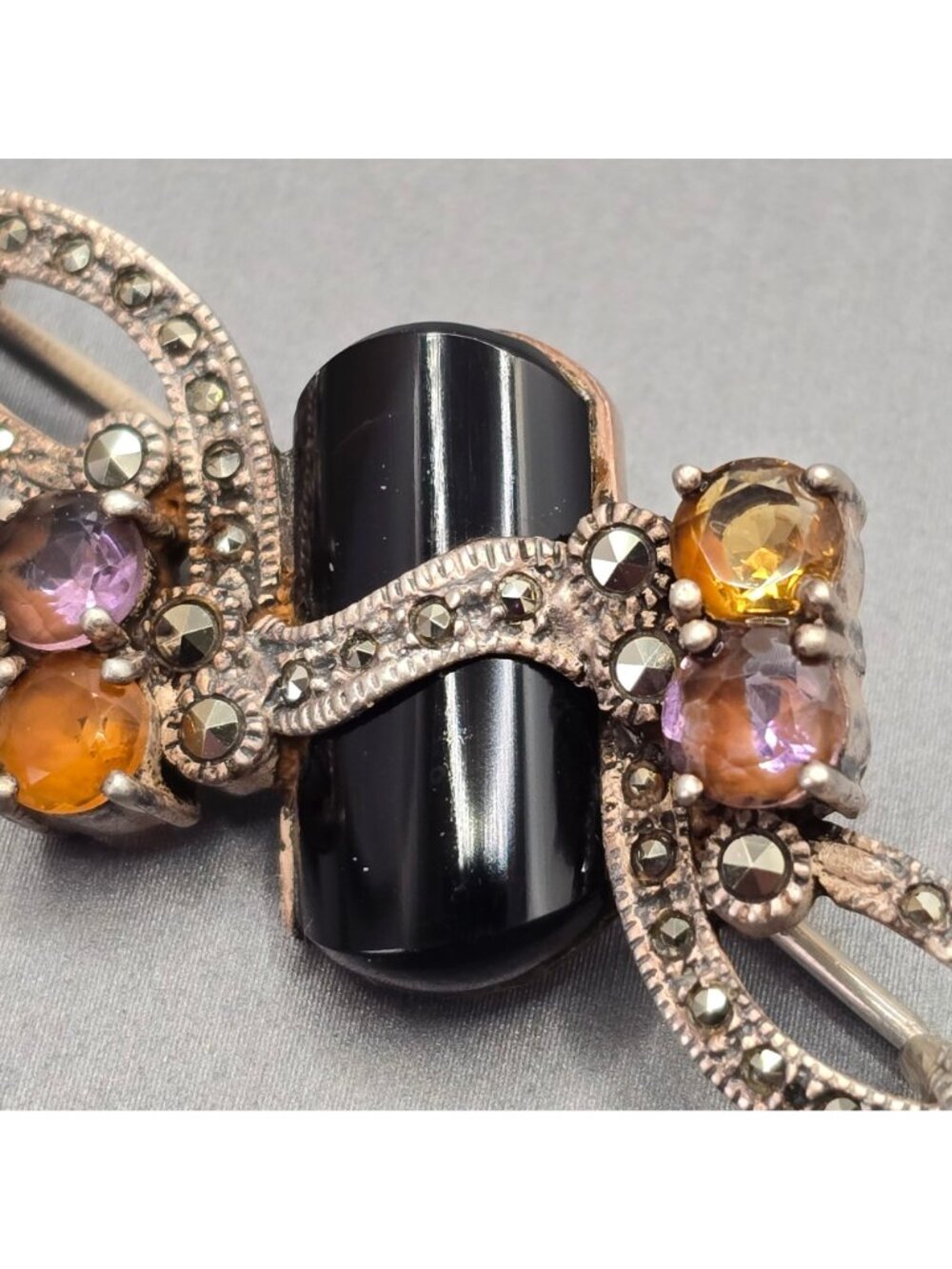 Vintage Art Deco Sterling Silver Onyx Ametrine Citrine Marcasite Brooch Signed - Picture 3 of 15